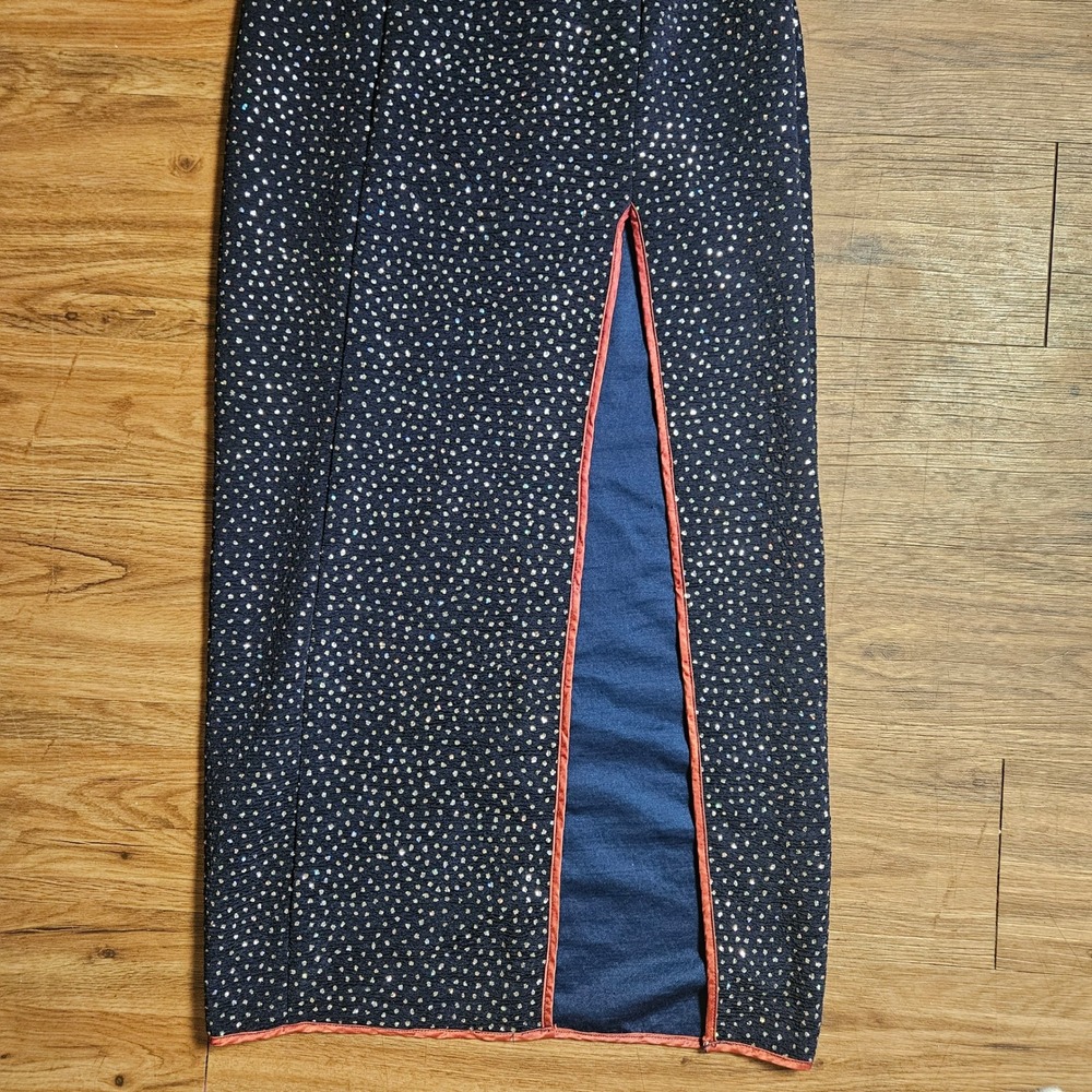 VTG LA Glo Rhinestones Embellished Glitter Maxi Dress Contrast Trim High Slit 30 - Picture 4 of 10